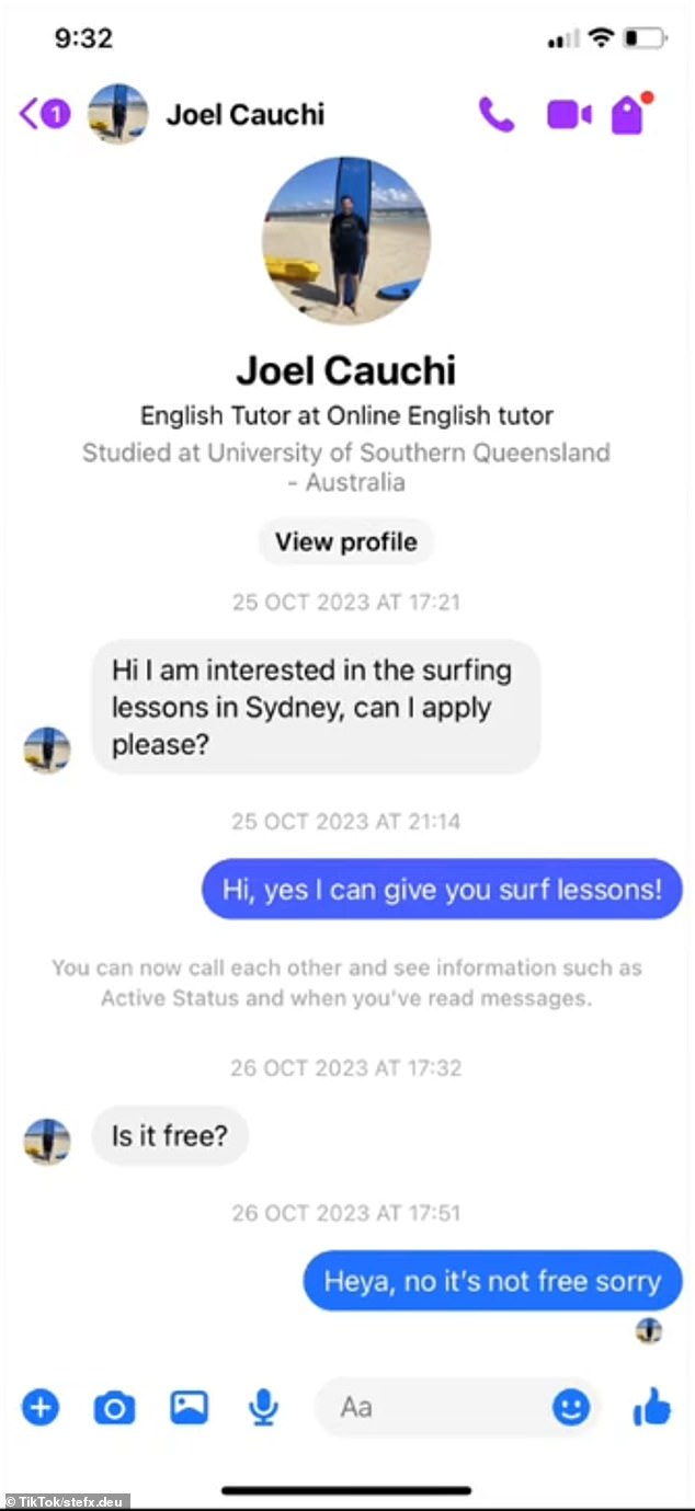 Deutsch shared a screenshot of their brief interaction on TikTok, which began after Cauchi responded to his ad for surf lessons (pictured).