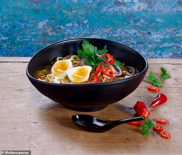 The new ramen noodle bowl includes noodles, bean sprouts, shitake mushrooms, spring onion, pak choi, bamboo shoots, red onion, sliced ​​chilies and cilantro, in a light broth.