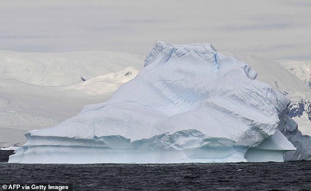 View of an iceberg in the Gerlache Strait, which separates the Palmer Archipelago from the Antarctic Peninsula, in Antarctica on January 16, 2024.