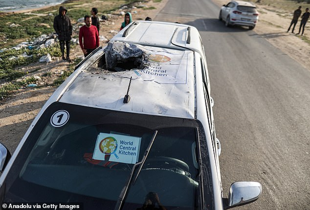 Seven aid workers, including a US citizen, have been killed in an apparent Israeli airstrike in Gaza, charity World Central Kitchen has confirmed. Pictured: A destroyed car displaying the charity's logo is seen from above on Tuesday.