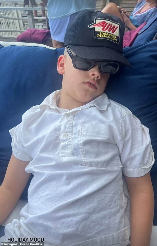 Matt and Reece also shared a sweet photo of Wolf fast asleep with his sunglasses on as they joked that the 