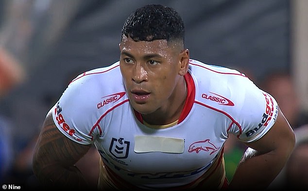 Dolphins' Jamayne Isaako with the Alternaleaf logo plastered during the game against Parramatta in Darwin