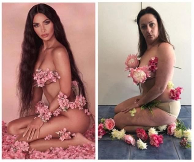 Celeste (right) shared a funny parody of Kim Kardashian's (left) nude and flower-covered photo shoot in September 2018.