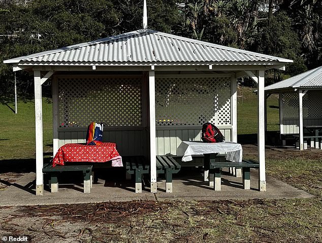 The image showed a park shelter with two picnic tables covered by a tablecloth at Brontë Beach in Sydney's eastern suburbs.