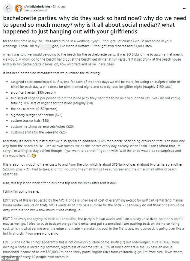The woman, from rural Texas, took to Reddit's Mildly Infuriating forum to talk about the energy and financial commitments she's been asked to make since agreeing to be part of a wedding party two months ago.