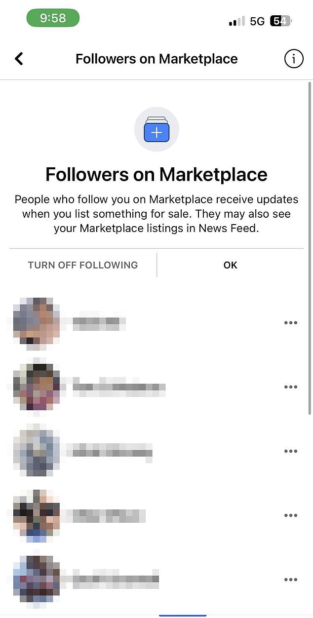 A woman found a list of men who followed her Marketplace listings.  She notifies you every time she posts something for sale.