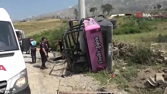 A group of British tourists have been injured in a shocking tour bus crash, leaving a 53-year-old man in a critical condition.  In the image: the aftermath of the accident.