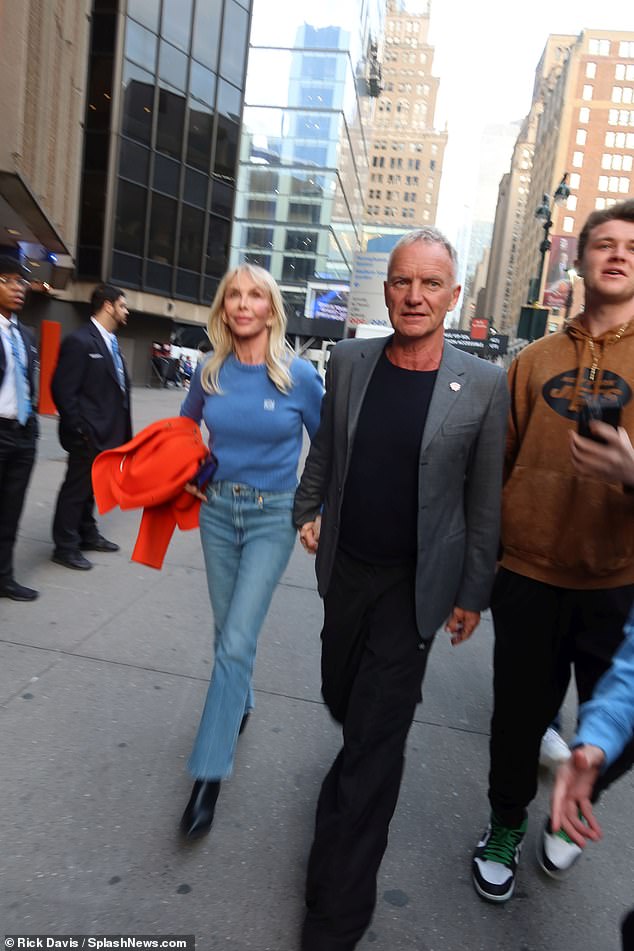 Sting enters Madison Square Garden for the Knicks-76ers with his wife Trudie Styler