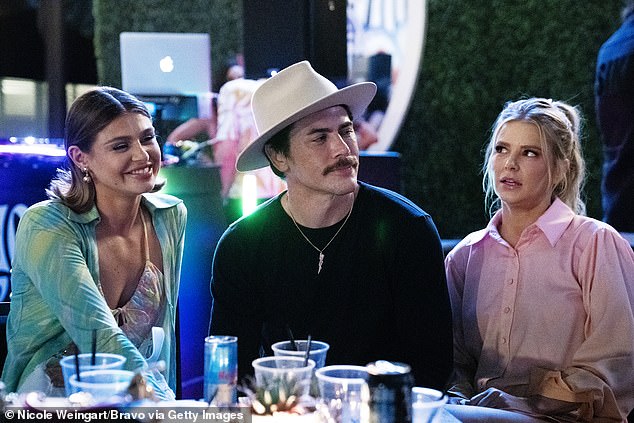 Rachel, Tom Sandoval and Ariana Madix are shown in a scene from season 10 of Vanderpump Rules on Bravo