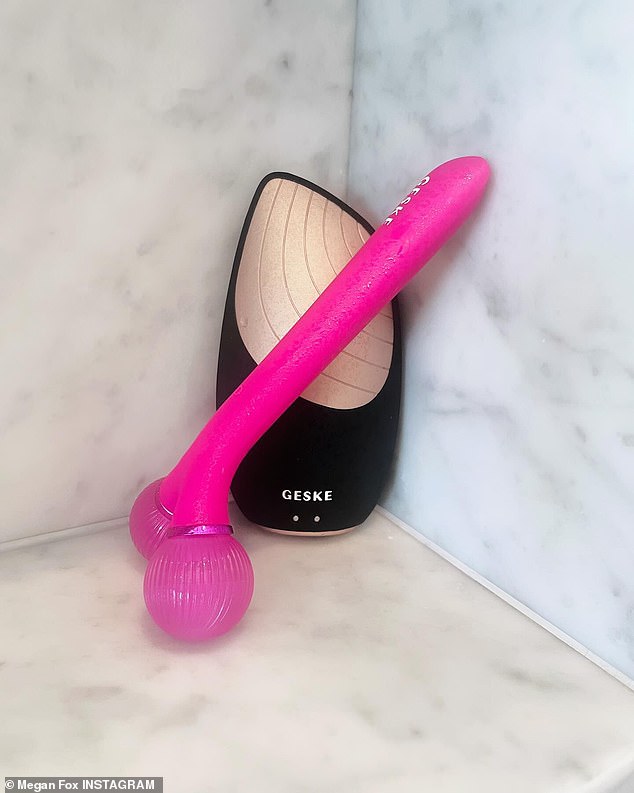 Additionally, she shared a snap of a Sonic Facial Roller, which sells for $40, in her shower, next to her facial brush.