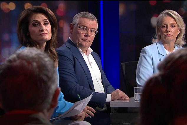 Hurley said men with a history of any form of domestic violence should not be granted bail (pictured Q&A host Patricia Karvelas, Minister Murray Watt and Senator Bridget McKenzie)