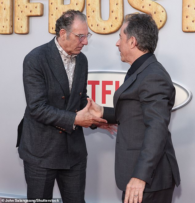 The Seinfeld stars were seen shaking hands on the red carpet for the premiere of their new movie, ahead of its May 3 debut on Netflix.