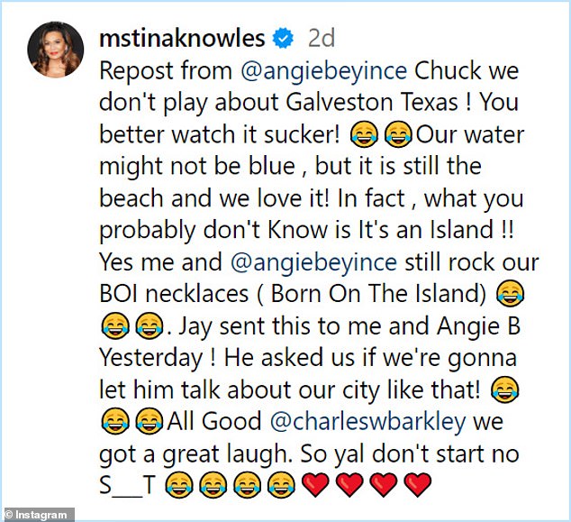 Knowles slammed the NBA Hall of Famer in an Instagram post, writing, 'Chuck we don't play in Galveston, Texas!  You better watch it, you fool!'