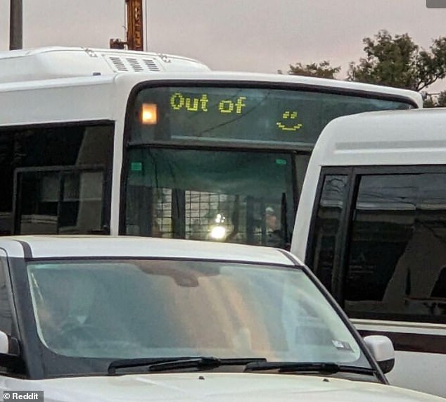 Very sad!  This bus must have woken up in a bad mood today because instead of saying that it is out of service it says that it has run out of smiles.