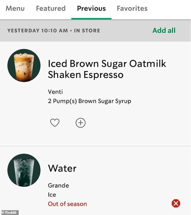 This person, believed to be in the US, shared a screenshot of their Starbucks order and said the popular Seattle-based coffee shop can't even offer water because it's 