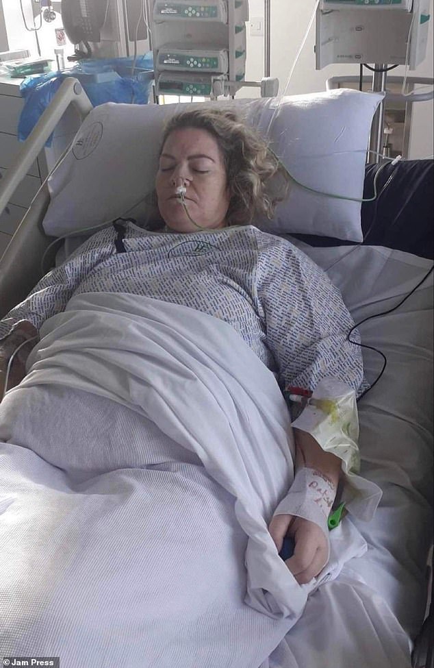 Pictured: Leanne O'Driscoll while in hospital with sepsis