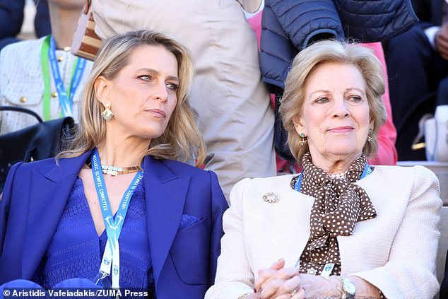 Prince Nicholas' mother, Queen Anne Mary, sat next to her former daughter-in-law as the couple arrived together at the Panathenaic Stadium in Athens.