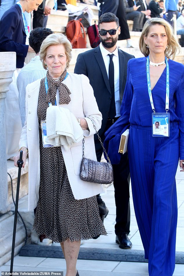 Queen Anne Mary, widow of the late Constantine II, wore a monochrome polka dot dress and cream jacket while attending the event with her former daughter-in-law.