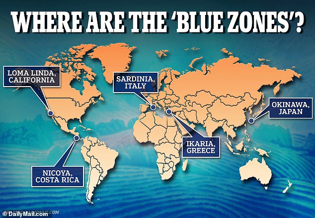 The five places with 'Blue Zone' status: Okinawa, Japan;  Sardinia, Italy;  Nicoya, Costa Rica;  Ikaria, Greece;  and Loma Linda, California in the United States