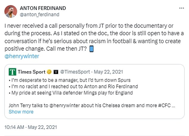 Ferdinand posted a Tweet that said 