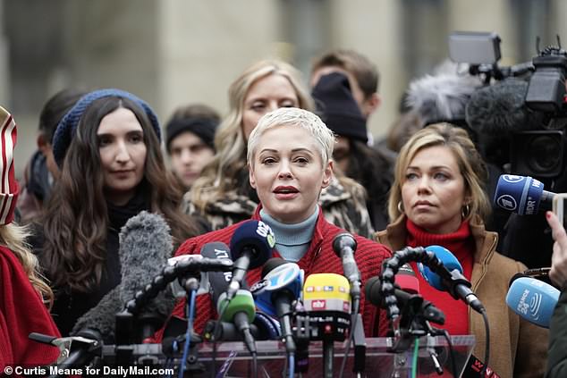 Allegations against Weinstein first emerged in a 2017 New York Times article that named actress Rose McGowan, photographed on the first day of her trial in New York in 2020.