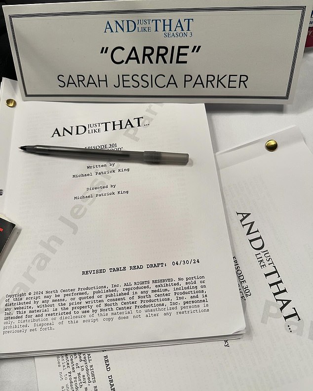 Her co-star, Sarah Jessica Parker, also shared a snap on Instagram of two scripts stacked on top of a desk in front of her.