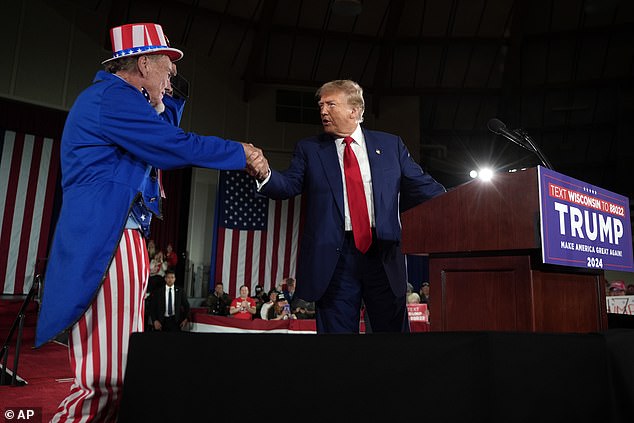 Trump shakes hands with man dressed as Uncle Sam at Wisconsin rally