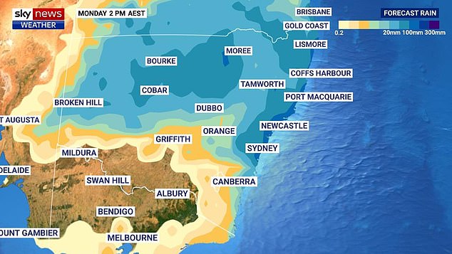 More than 100mm of rain will fall on Sydney between Friday and Sunday (pictured, rain forecast for the east coast next Monday)
