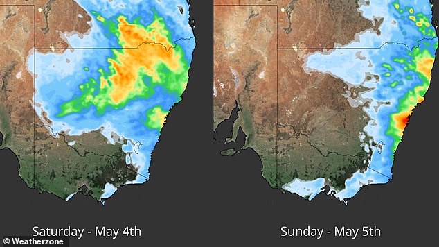 Weatherzone said the highest daily totals are expected in central and northeastern New South Wales and southern Queensland on Saturday (pictured, rain forecast for this weekend).