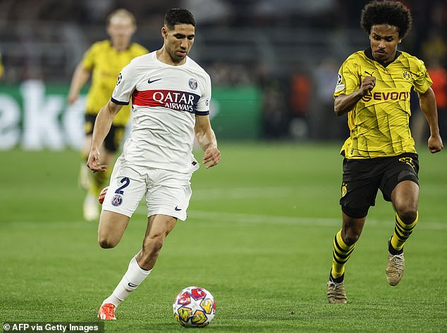 Achraf Hakimi (left) with his hands full dealing with Dortmund's Adeyemi (right) during the match