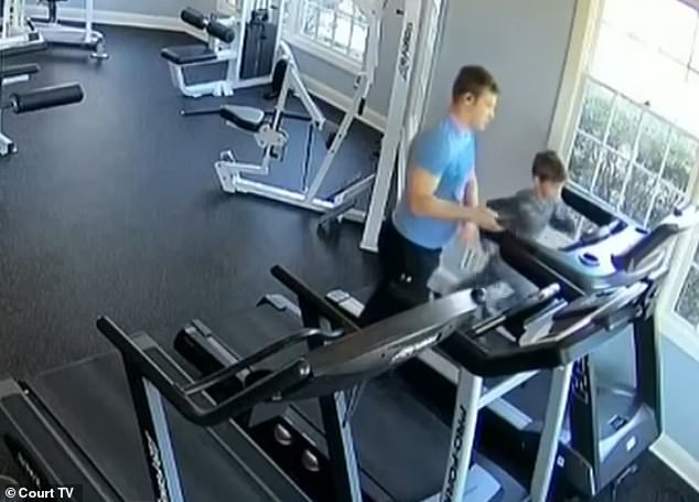 In the CCTV video, Corey is seen continually falling off the treadmill, while Gregor continues to pick him up and put him back on it.