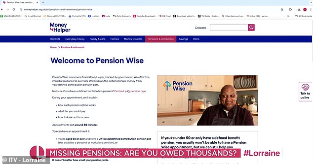 Claer shared a number of resources that can help you find missing pensions, including the Pension Wise website (pictured).