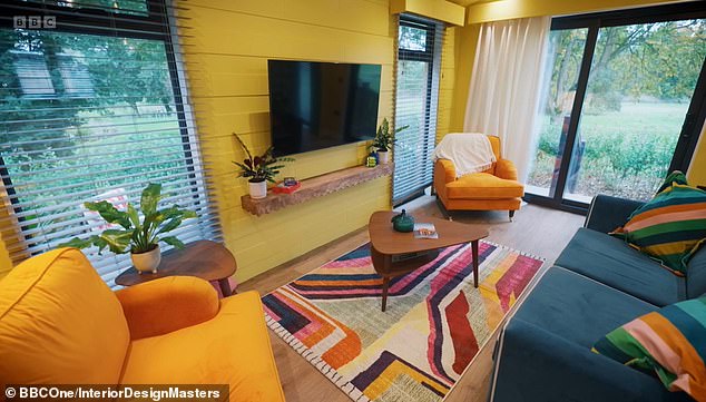 The living room in the winning design was painted yellow, but judges Michelle Ogundehin and American designer Jonathan Adler said they loved the vibrant vision of Rosin's holiday lodge.