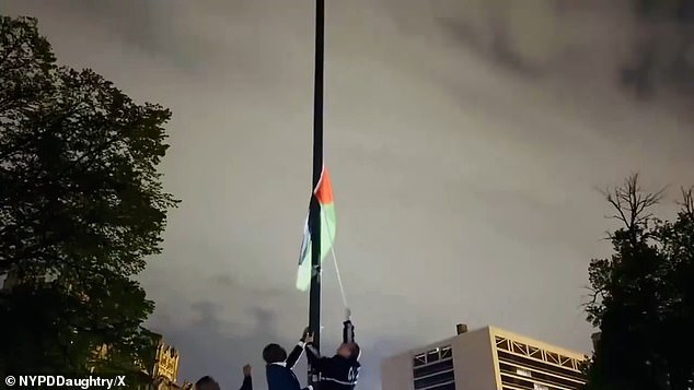 Protesters at the City College of New York had raised a Palestinian flag on campus, which officers replaced with the Stars and Stripes last night.
