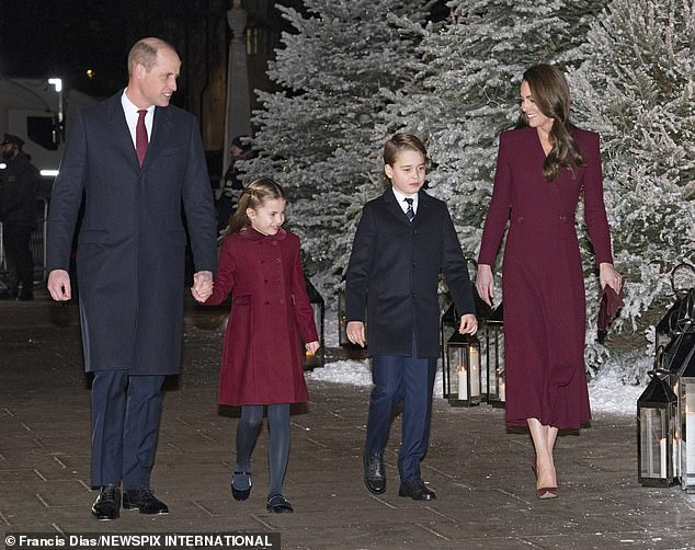 The Prince and Princess of Wales have been seen searching for a festive fir tree in Windsor Great Park alongside their two eldest children, Prince George and Princess Charlotte (pictured together in December 2022).