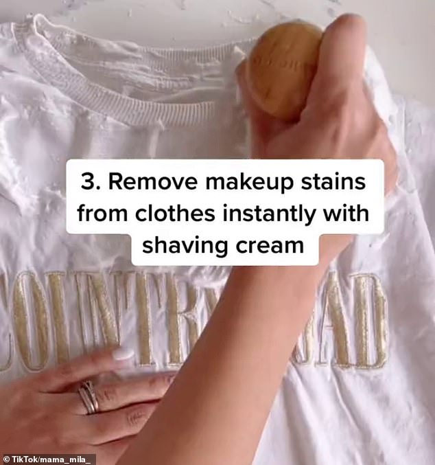 Previously, Chantel showed how to remove makeup stains from white T-shirts by dabbing shaving cream into the area with a brush so it 'magically disappears'.