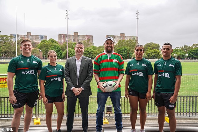 Tech billionaire Mike Cannon-Brookes (pictured third from right with Souths players and current chief executive Blake Solly, third from left) is increasing his influence with the Bunnies after spending millions to buy a stake at the club in 2021.