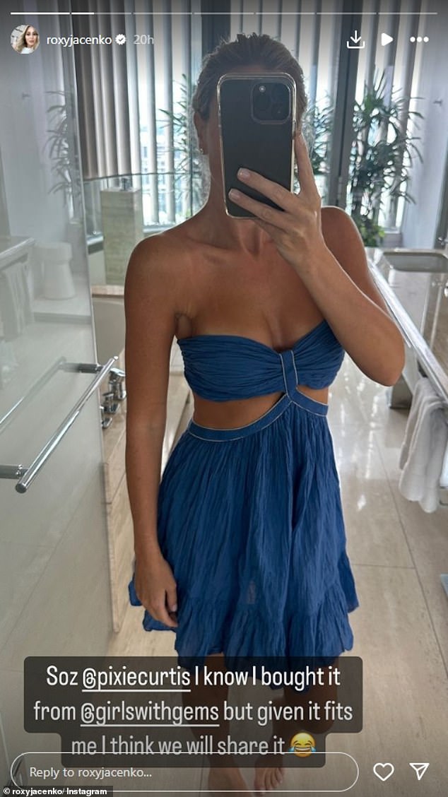 Putting on a busty display in a strapless blue dress with daring cutouts, Roxy left her eldest daughter a public message hinting that the dress was originally intended for Pixie.  