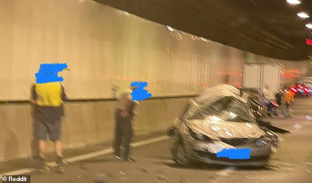 The black Audi convertible crashed into the car the two girls were traveling in (pictured), which then collided with a truck in the Legacy Way tunnel in Brisbane on Wednesday afternoon.