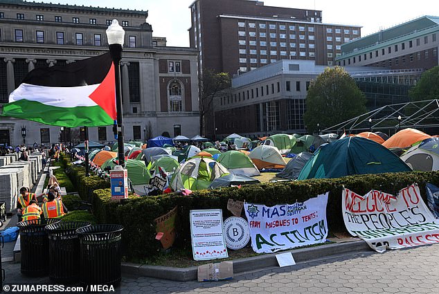 Dozens of universities like Columbia (pictured) have tents full of students and outside agitators crouching on the grass and refusing to leave.