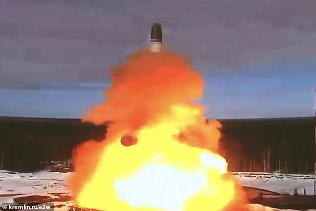 Washington, London and Paris have agreed to maintain full human control over nuclear weapons, State Department arms control official Paul Dean said, urging Russia and China to do the same (pictured launch of the Sarmat intercontinental ballistic missile)