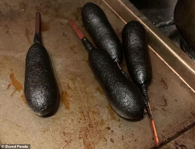 Shared by a cook, these corndogs, believed to be in North America, have become virtually unrecognizable due to being overcooked.