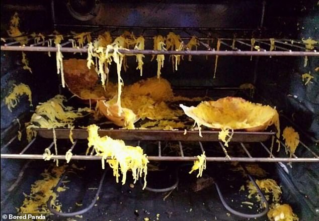 Is this some kind of cheese explosion?  The person who shared this image, believed to reside in North America, was actually trying to cook spaghetti squash.