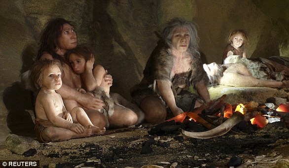Neanderthals were a cousin species of humans, but not a direct ancestor (the two species diverged from a common ancestor) who perished about 50,000 years ago.  The photo shows an exhibit from the Neanderthal museum.