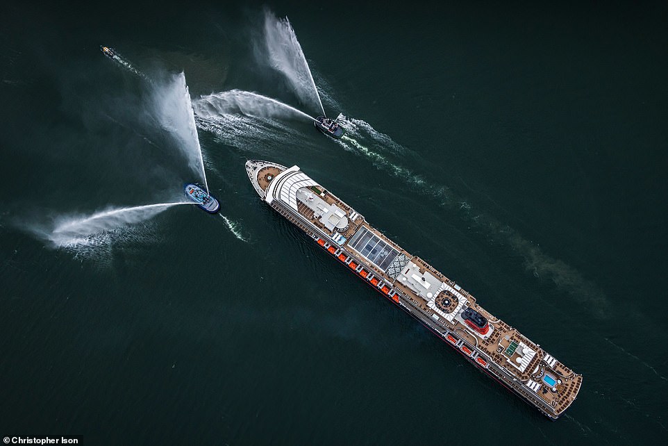 The 14-deck, 113,000-ton ship, the 249th ship to sail under the Cunard flag, was greeted with a water salute on Tuesday night after heading to the south coast of England from the Fincantieri Marghera shipyard in Venice, Italy.