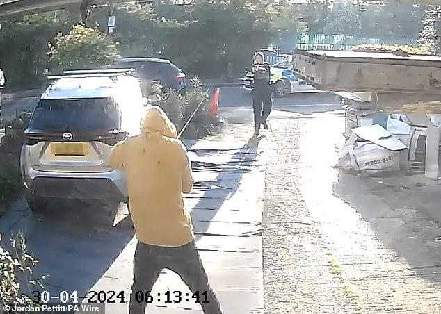 Dramatic CCTV footage has emerged showing the moment police shot and arrested the sword-wielding man.