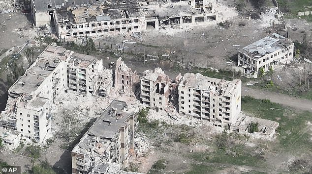 This photo taken from drone video provided by Ukrainian patrol police shows the devastation in Chasiv Yar, an eastern Ukrainian town that Russia is attacking, Ukraine, on April 29.