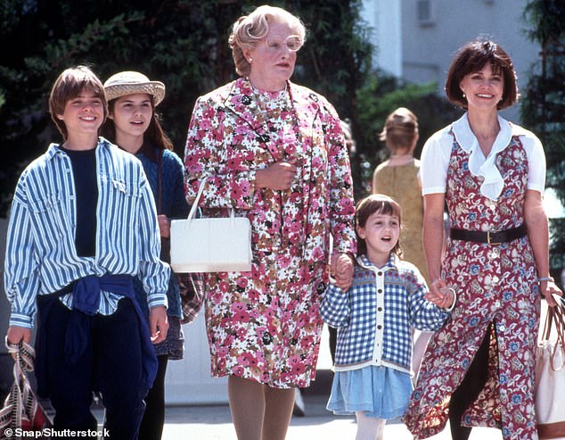 In the film, Robin plays a man with a harebrained plan to see more children: becoming a transvestite as a Scottish nanny and being hired by his ex-wife Miranda (Sally Field) (right).
