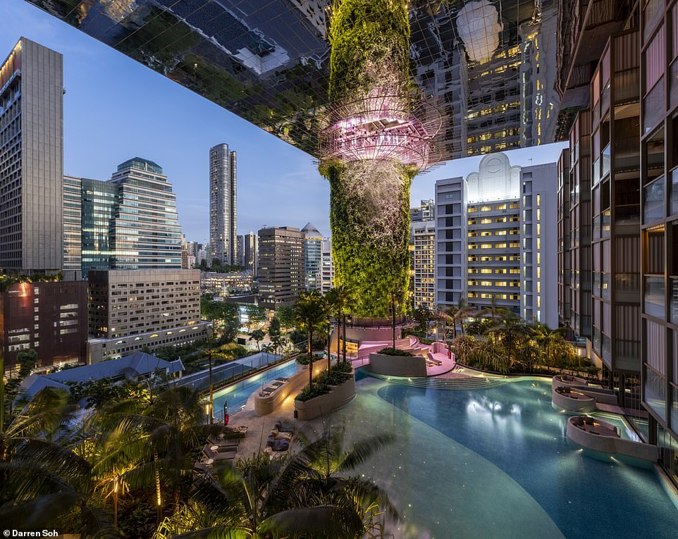 There is greenery in virtually every corner, including The Cloud Terrace above.  Pink lights encourage growth.