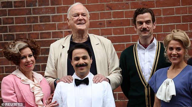 John Cleese with the cast of the West End show.  From right to left: Victoria Fox, John Cleese, Hemi Yeroham, Adam Jackson-Smith and Anna-Jane Casey